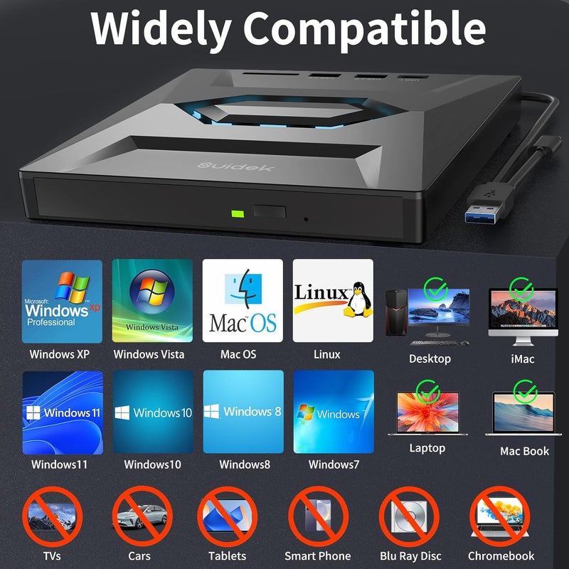 SUIDEK External CD DVD Drive for Laptop, USB C Portable CD/DVD +/-RW Burner DVD Player with SD Card Reader USB 3.0 Type C Hub Compatible with Laptop PC Windows Linux - Image 3